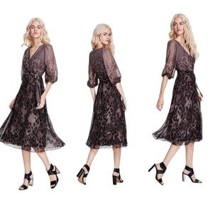 DKNY  Printed Faux-Wrap Balloon-Sleeve Midi Dress in brown animal print  10P